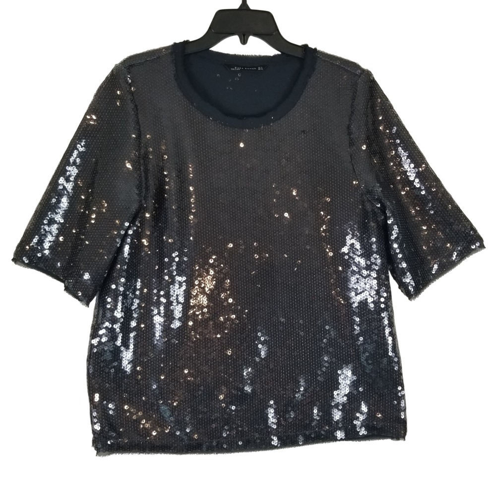 Zara Sequin Top Women Large Black Short Sleeve Raw Edge Glam Party Tee